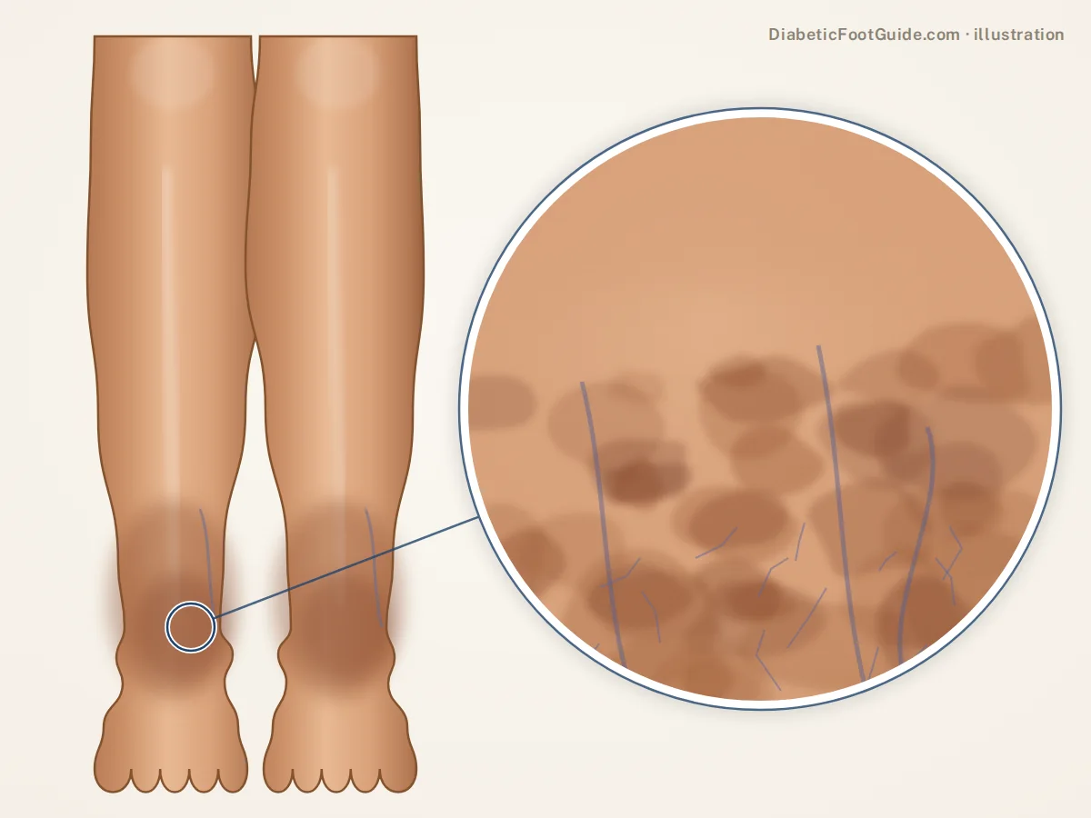 Illustration of rust-brown mottled staining around both ankles and lower shins with fine blue veins, venous stasis hemosiderin staining, with a magnified view