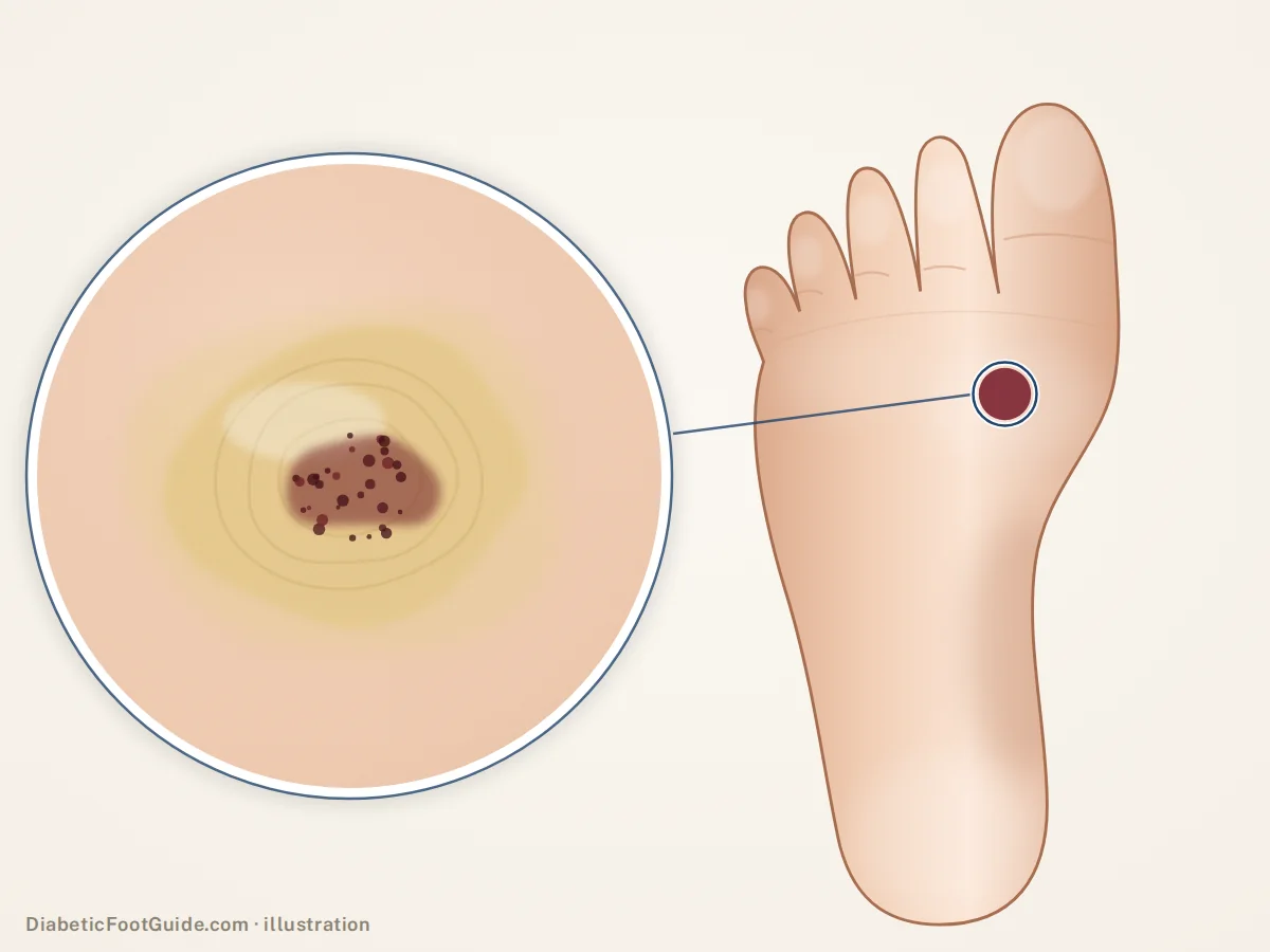 Illustration of a dark red spot of bleeding inside a callus under the ball of the foot, a pre-ulcer on a diabetic foot