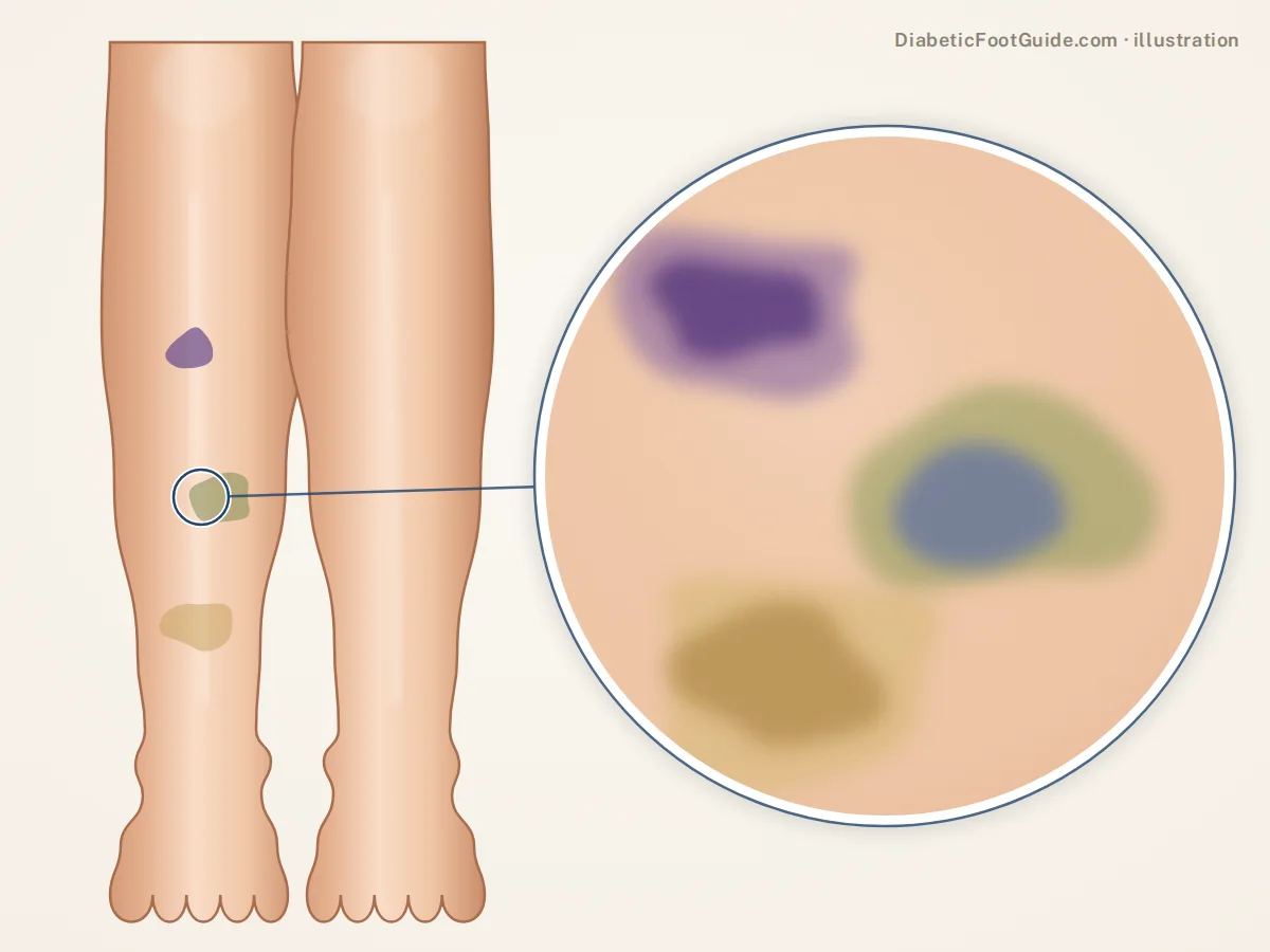 Illustration of three bruises of different ages on a shin: fresh purple-blue, green-edged and fading yellow-brown, with a magnified view
