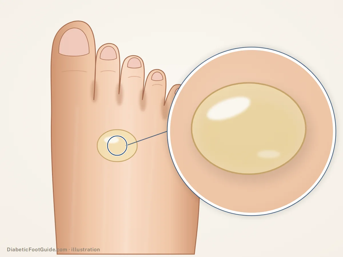 Illustration of bullosis diabeticorum: a large, tense, clear blister on the top of the foot on normal-looking skin, with a magnified view