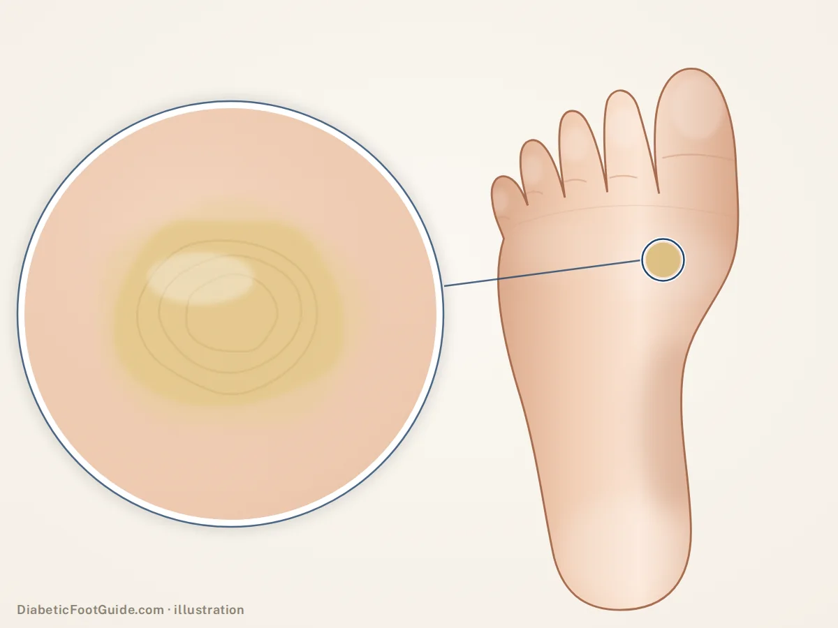 Illustration of a thick yellow callus under the ball of the foot on a diabetic foot, with a magnified view and no break in the skin