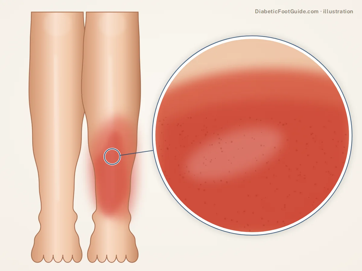 Illustration of cellulitis: one lower leg with a large spreading area of red, swollen skin beside a normal leg, with a magnified view of the tight red skin