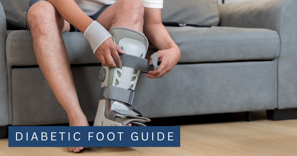 Person seated on a sofa fastening a removable orthopaedic walking boot onto the lower leg and foot