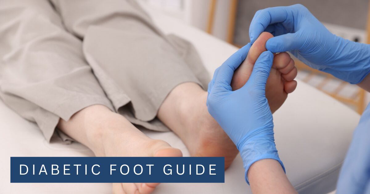 Clinician in gloves examining the toes of a patient's bare foot during a diabetic foot check