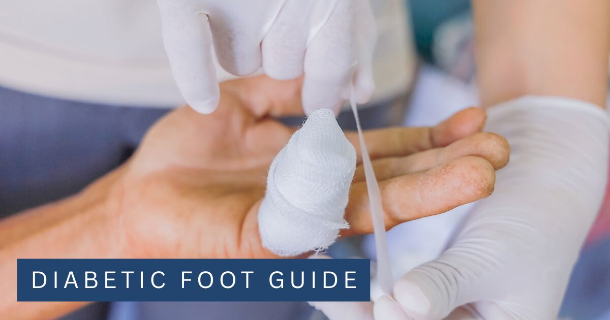 Gloved hands applying a sterile dressing to a toe during wound care