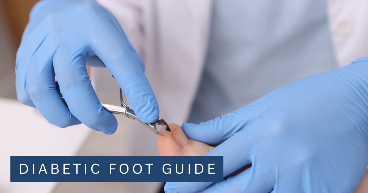 A clinician in gloves trimming a toenail with clippers during routine nail care