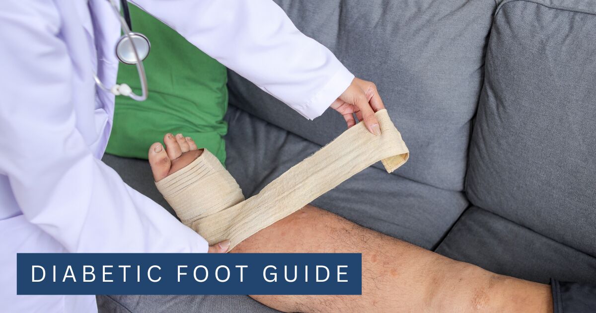 A clinician wrapping a compression bandage over a dressed foot and lower leg