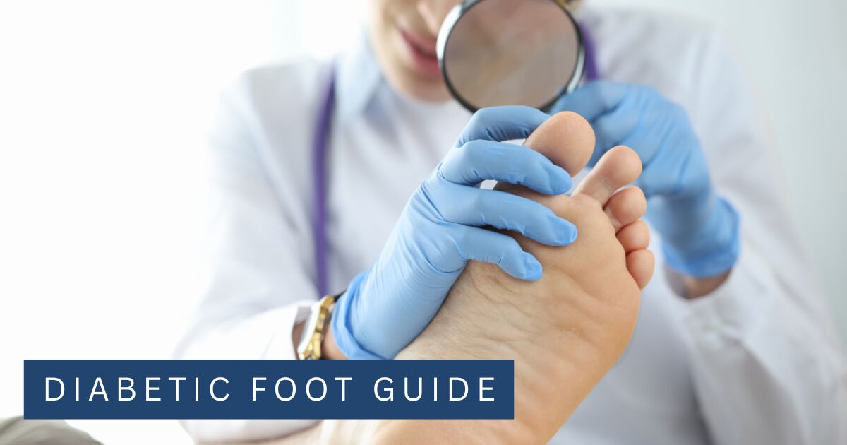 A clinician examining the skin of a patient's foot through a magnifying lens