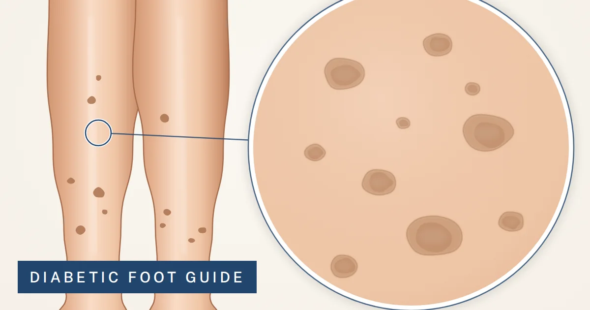 Illustration of diabetic dermopathy spots on the shins with a magnified view