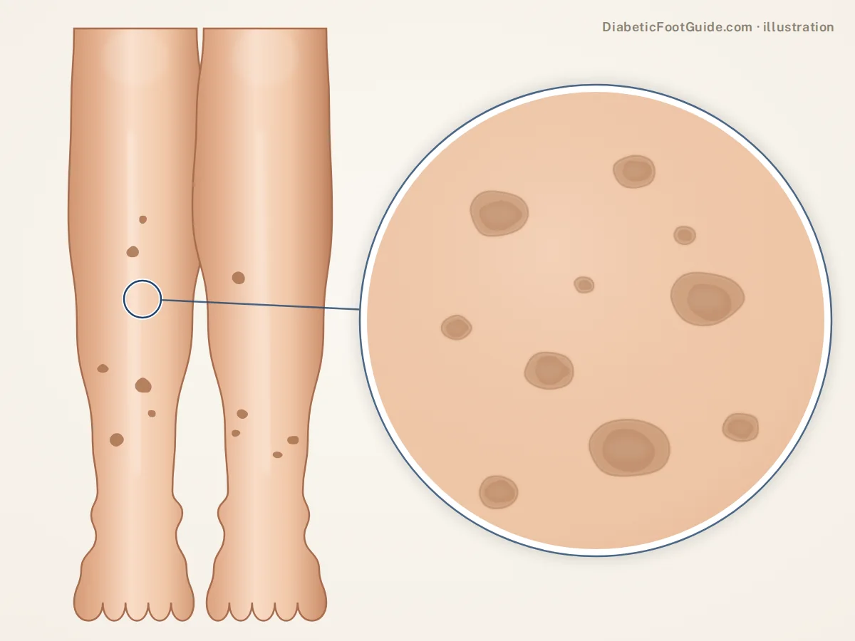 Illustration of diabetic dermopathy: small round and oval light-brown flat spots on the front of both shins, with a magnified view of the shallow brown patches