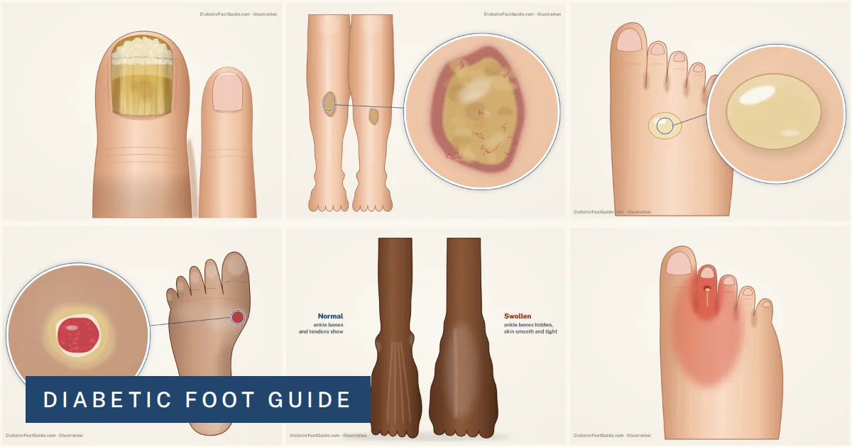 Collage of illustrations of diabetic foot problems: a fungal toenail, necrobiosis lipoidica, a diabetic blister, a foot ulcer, a swollen foot and an infected toe