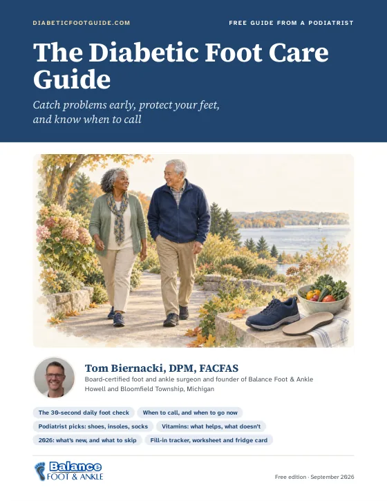 Cover of The Diabetic Foot Care Guide, free edition: an older couple walking outdoors, with a walking shoe and an insole in the foreground.