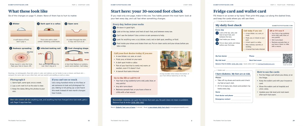 Three pages from the guide side by side: drawings of what each warning sign looks like, the 30-second daily foot check, and the fridge and wallet cards.