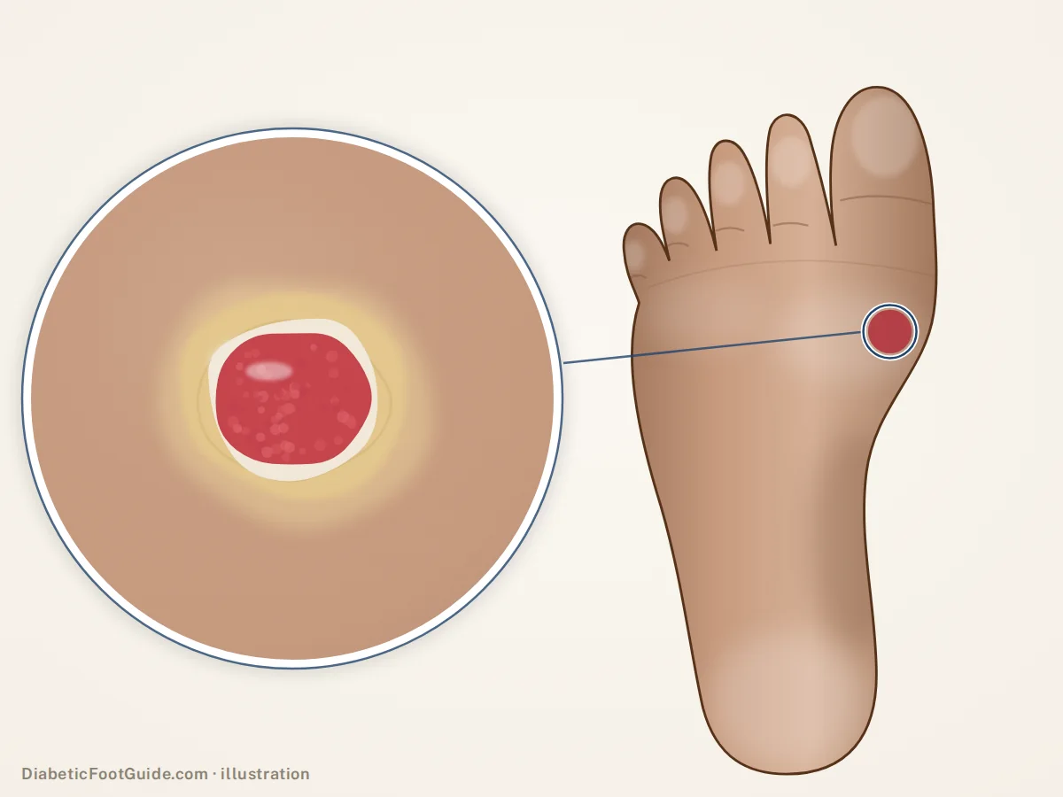 Illustration of a round open sore with a red base and a thick pale callus rim under the ball of the foot, a diabetic foot ulcer, magnified