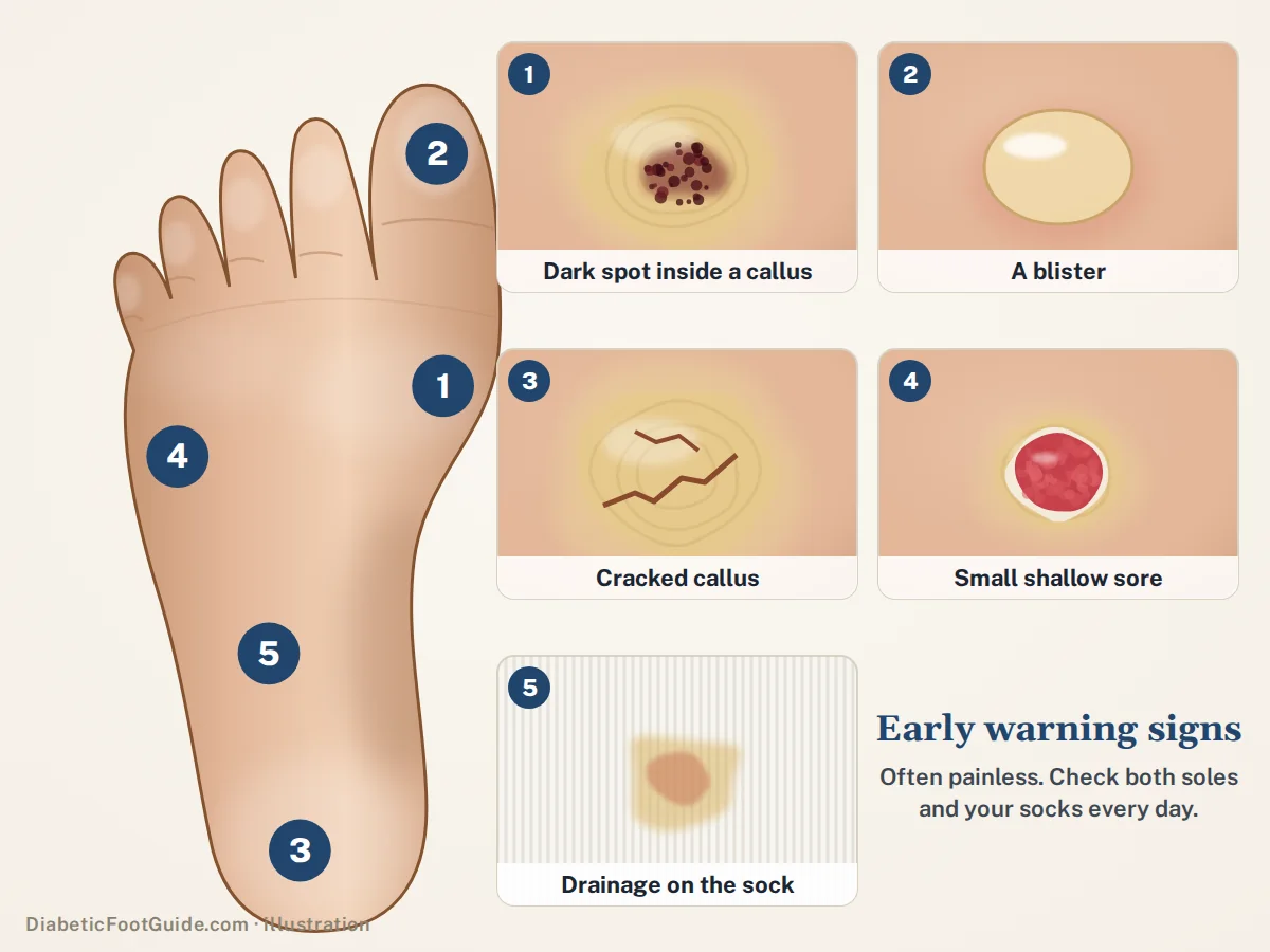 Illustration of five early warning signs of a diabetic foot ulcer on a sole map: a dark spot inside a callus, a blister, a cracked callus, a small shallow sore and drainage on a sock