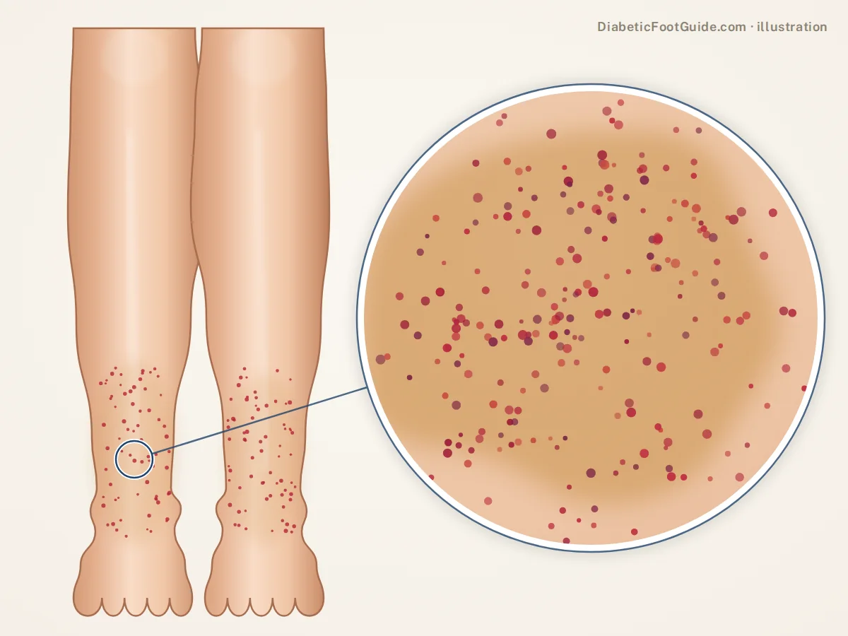 Illustration of tiny red-purple pinpoint spots over the lower shins and ankles on a golden-brown background, capillaritis, with a magnified view